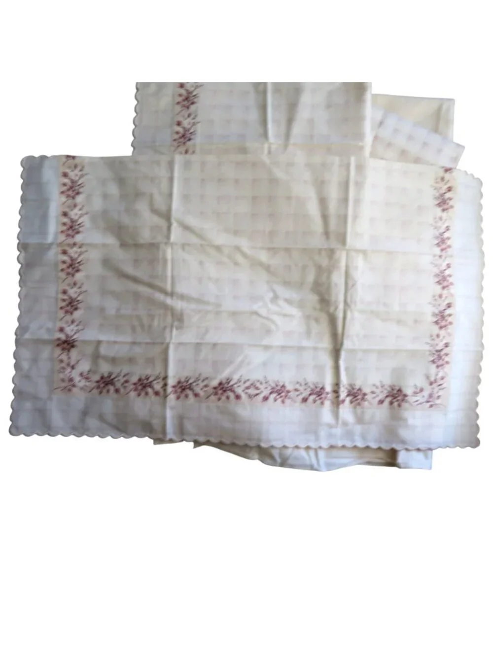 Vintage Floral Full Sheet Set 4-Piece Scalloped Edges Cream & Burgundy Muslin